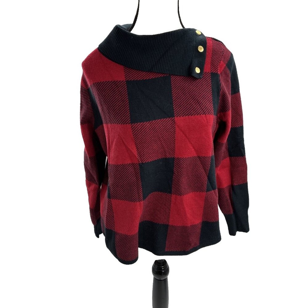 Adrienne Vittadini Womens L Red Black Buffalo Plaid Sweater Button Neck Pullover